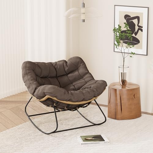 Fauteuil à bascule, ergonomique, extra large, en rotin, avec coussin d'assise extra épais, idéal pour balcon, jardin et salon, charge maximale : 140 kg (café)