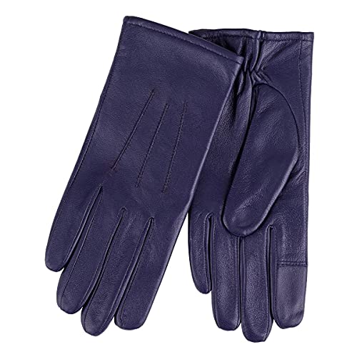 Isotoner® Ladies Three Point Leather Gloves, 100% Genuine Leather, Water Repellent, SmarTouch™ Touchscreen Technology, Supersoft Warm Lining, Wipe Clean Only, Navy, Small