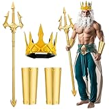 Suncalla 3 Pcs Halloween Neptune Poseidon Costume Accessory 71 Inch Adult Gold Trident Foam Crowns Cosplay Set for Halloween Cosplay