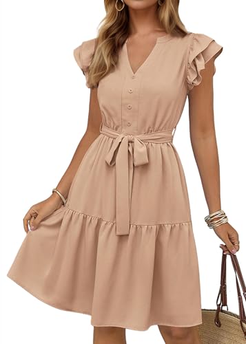 KIRUNDO Summer Dresses for Women 2026 Spring Flutter Sleeve V Neck Ruffle Flowy Tiered Knee Length Beach Vacation Sundress(Khaki, Medium)