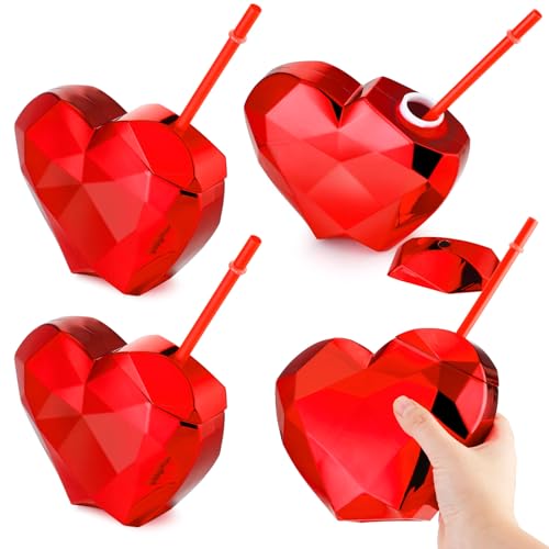 Domensi 4 Pack Valentines Heart Shaped Disco Cup with Lid and Straw 23 oz Disco Sparkling Drinking Cocktail Cups Plastic Party Wine Tumblers for Valentine Galentine Wedding Bachelorette Party(Red)