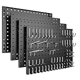 Spampur Peg Board, 4 Pack Metal Pegboard Panels with 50 Hooks, Black Pegboards Wall Organizer, Heavy Duty Peg Board for Walls Home, Garage Tool Storage, Office Organization, Craft Room, Kitchen