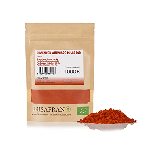 FRISAFRAN | Pimentón en polvo | Ecológico | pimenton español | Alto nivel en vitaminas y minerales | Origen ★Murcia | Pimenton Ahumado dulce 100g