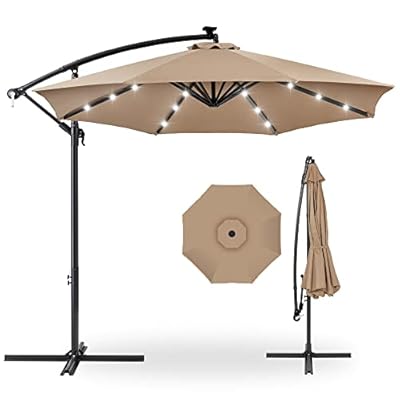 Best Choice Products 10ft Solar LED Offset Hanging Market Patio Umbrella for Backyard, Poolside, Lawn and Garden w/Easy Tilt Adjustment, Polyester Shade, 8 Ribs - Tan