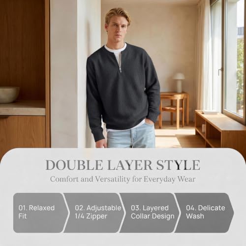 Waffle Quarter Zip Pullover Men 1/4 Zip 2 in 1 Faux Layered Sweatshirts - image 7