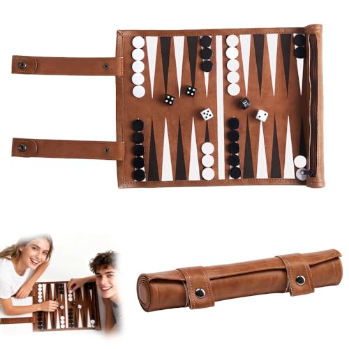 SGZIOO Travel Backgammon Set Roll Up Board Game Travel set Portable Board Game Sets Leather with Traditional Tan Design Tactical Board Game for Adults Family Party