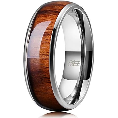 THREE KEYS JEWELRY 8mm Titanium Wedding Band Engagement Ring Silver with Real Santos Rosewood Wood Inlay Comfort Fit Size 10 Cover