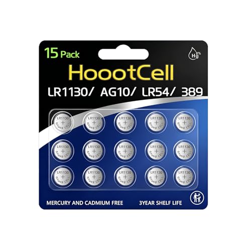 HoootCell LR1130 Batteries L1131f Batteries SR1130 L1131c 389/390 G10 LR54 1.5 Volt Alkaline Button Cell AG10 Battery(15 Count)
