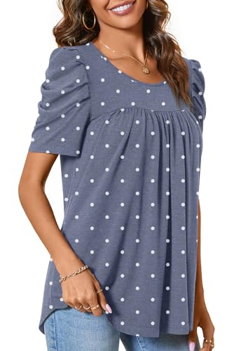 Anydeer Women Tunic Top Summer Short Puff Sleeve Chest Pleated Tshirts Casual Round Neck Blouse Loose Tee2