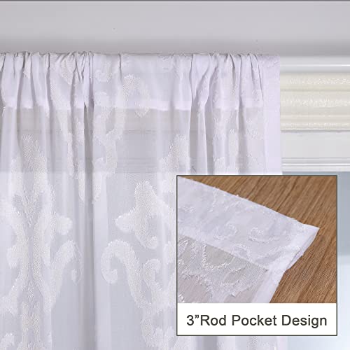 Owenie Sheer Kitchen Curtains, European Floral Design Tier Window Curtains, Soft Faux Silk Jacquard Cafe Curtains Rod Pocket Small Half Window Treatment Set Short Curtains, 30" X 36", White, Set Of 2 #TOP3