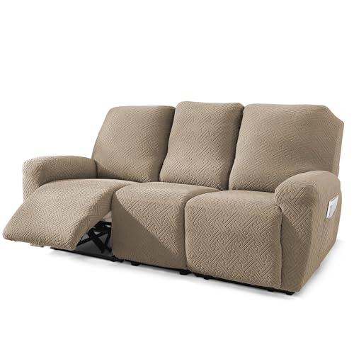 NORTHERN BROTHERS Recliner Sofa Covers 3 Seater, Stretch Recliner Couch Cover for Reclining Couch Sofa Slipcovers with Storage Pockets Soft Reclining Couch Covers 3 Seater for Kids, Pet, Khaki