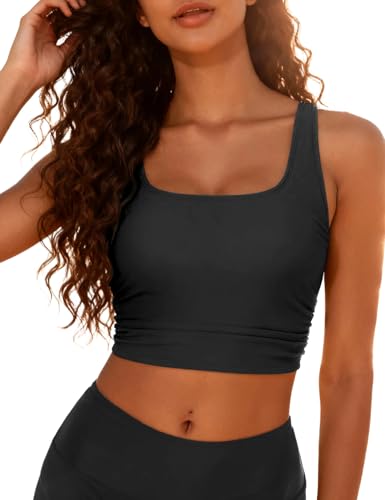 Hilor Women's Modest Underwire Bikini Tops Longline Swim Top Push Up Cropped Tankini Swimsuits