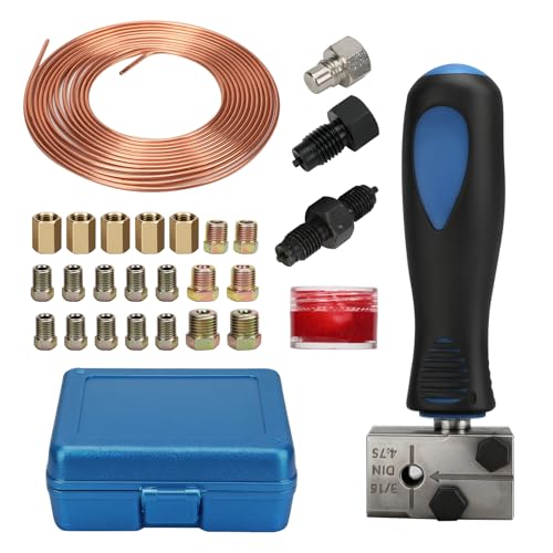 ballity 3/16 Inch Brake Pipe Flaring Tool, Handheld Pipe Expander with Metal Head, 4.75 mm Universal Brake Line Flaring Tool Set, 7.62 m Ø4.75 mm Brake Line with 16 Connections + 5 Connectors