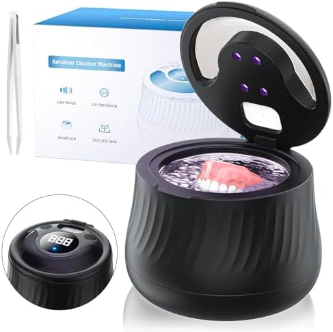 Ultrasonic Retainer Cleaner Machine- 45kHz Denture Cleaner, 200ML Dental Cleaning Pod for Aligners, Mouth Night Guards, Toothbrush Heads & Jewelry, 4 Cleaning Modes, Digital Timer, Black