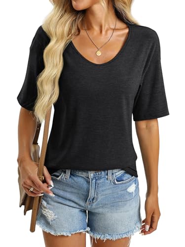 Women's V Neck Tops Elbow Length Shirts Loose Fit Summer Tops Basic Tees2