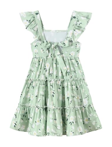 Girl Summer Dress Floral Ruffle Sleeve A Line Swing Casual Dresses Tie Back Cute Tiered Sundress 4-12Y2