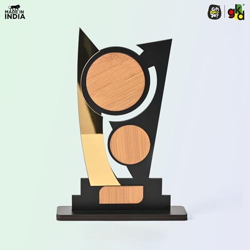 Image of GKD Wooden Trophy with Golden Acrylic | Self-Customizable Sticker Award /Memento for Events, Corporate Gifting, School Functions & Achievements (Inspire Innovation - Self)