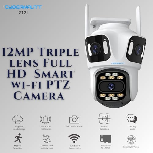 Image of XUGA Cybernautt Z12I 12MP FHD Triple Lens WiFi Outdoor CCTV Camera | PTZ | Color Night Vision | 3 View Screen | Motion Detection | Two-Way Audio| IP66 Waterproof |128GB