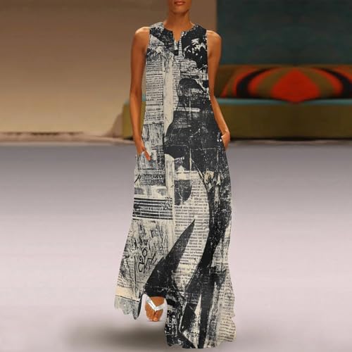 Newspaper Print Women Summer Casual Long Dress Elegant Sleeveless Beach Vacation Maxi Sundress2