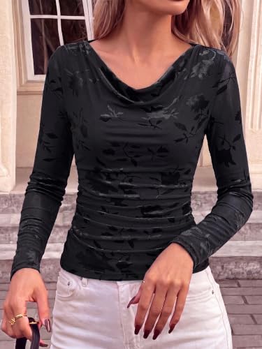 BTFBM Fall Tops For Women Floral Mesh Boho Top Cowl Neck Long Sleeve Shirts - image 6