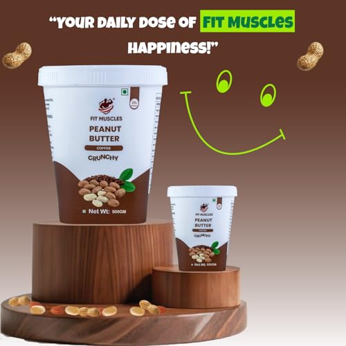 Image of Fit Muscles Coffee Crunchy Peanut Butter 500g, 25g Protein, Crunchy Peanut Spread, Rich Coffee Flavour, Natural Peanut Butter, No Palm Oil, No Artificial Flavour, Healthy Breakfast Gym Diet Food