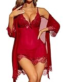 Mythya Conjunto de Lencería Sexy para Mujer,Pijamas Sexys,Chales Transparentes y Bragas Eróticas, Pijama de Encaje (Rojo,...