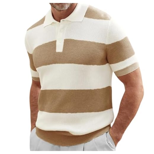 Mens Polo Shirts Short Sleeve Knit Texture Wide Striped Casual Golf Tops Vintage Collared Summer T Shirts Regular Fit, Beige, 3XL