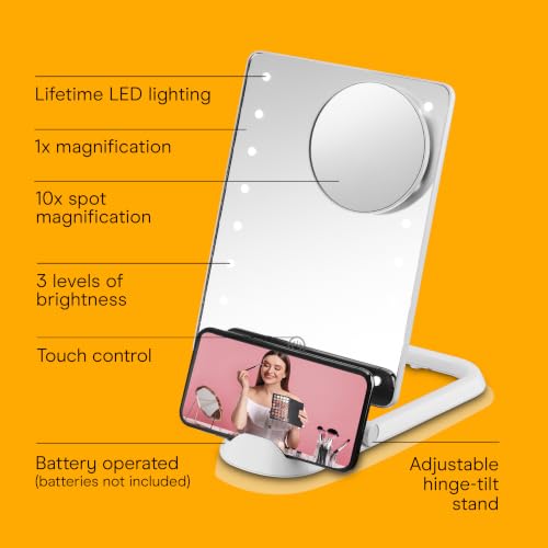 Conair Lighted Makeup Mirror, LED Vanity Mirror, 1X/10X Magnifying Mirror with Phone Holder, Battery Operated in Glossy White by Conair - Image 2