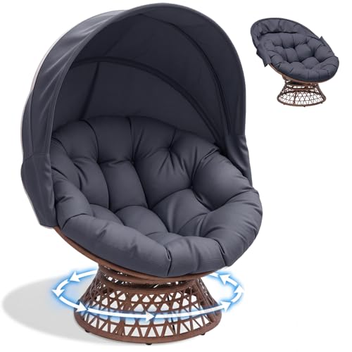 COMHOMA Sillón giratorio con cojín redondo, cómodo sillón de ratán, redondo, para salón, rincón de lectura, lounge – gris