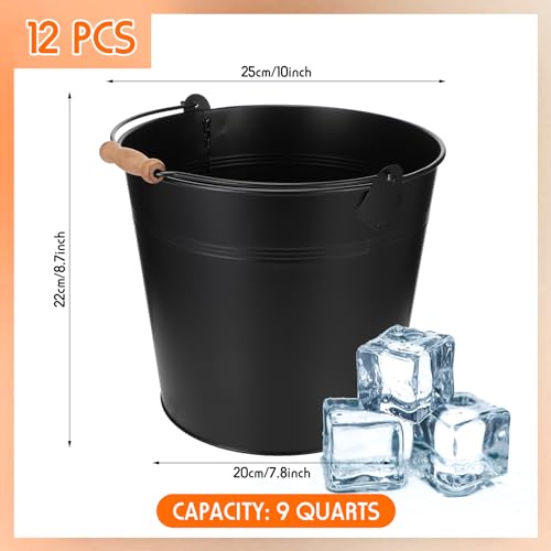 Didaey 12 Pcs Large Galvanized Metal Buckets with Handle 10 Inch Heavy Duty Stainless Steel Pails Round Pail for Party Wedding, Crafts, Utensils, Table Centerpieces (Black)