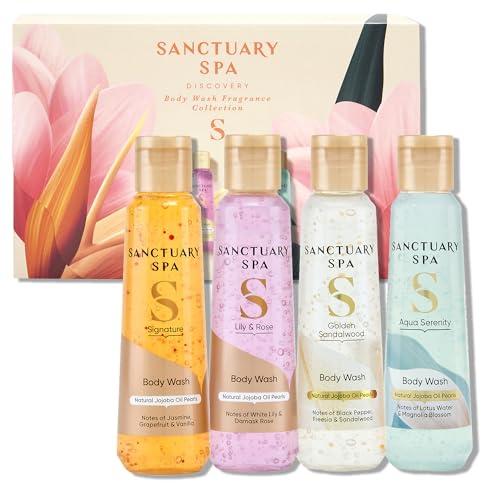 Sanctuary Spa Body Wash Gift Set, Discovery Collection of 4 Travel‑Size Body Washes (Aqua Serenity, Golden Sandalwood, Lily & Rose, Signature), Vegan, 95% Natural, Cruelty Free, 300ml