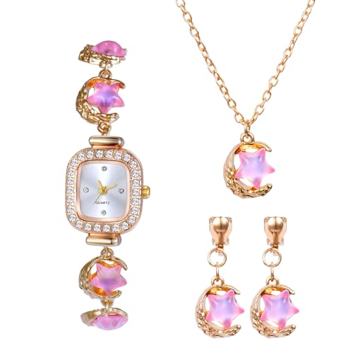 Reloj de cuarzo cuadrado y collar con piedra lunar para mujer
