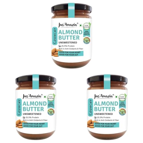 Image of Jus' Amazin Crunchy Almond Butter - Unsweetened (500 Gm)|25% Protein|Whole Almonds (100% Pure)|Zero Additives|100% Natural|Dairy Free|Keto|Plant Based Nutrition|Clean Nutrition (Pack of 3)