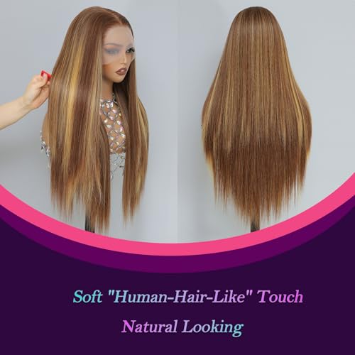 Barbique Highlight Lace Front Wig, 13x6 Honey BlondeSynthetic Pre-Plucked Long Straight Hd Lace Wigs 26Inch Brown Blonde Highlights Honey Brown Wig Suitablefor Daily Party Wear — view 2
