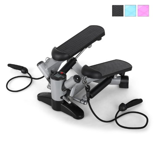 Klarfit Powersteps Máquina de step (stepper con 5 intensidades entrenamiento, ordenador digital quema calorias, 2 cintas para ejercicio de brazos, color negro/plata)
