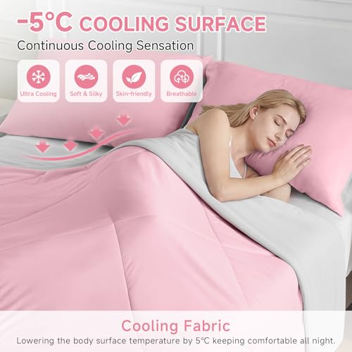 Image of HOMFINE Cooling Comforter Queen Size, Pink Summer Cooling Blanket for Hot Sleepers and Night Sweats, Japanese Double-Sided Cold Tech Fabric Q-Max 0.45, Soft Breathable Silky Smooth Lightweight
