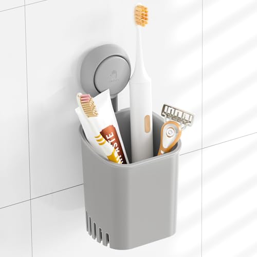 Image of TAILI Suction Cup Toothbrush Holders for Bathroom Wall Mounted, Gray | Shower Toothbrush and Toothpaste Holder, Drill-Free 1S Installtion, Removable Powerful Suction Cup Organizer, Self-draining