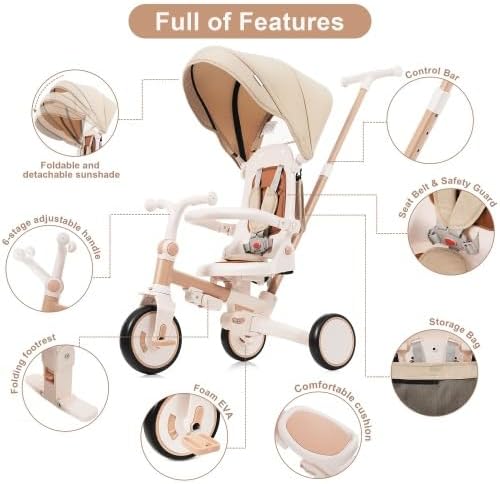 Diagram showing various features of the tricycle including canopy, adjustable handle, seat belt, storage bag, and footrest.