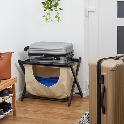 Relaxdays Kofferständer, klappbar, Holz, HxBxT: 52 x 68 x 47 cm, Gepäckständer mit Wäschesack, Hotel, schwarz/beige