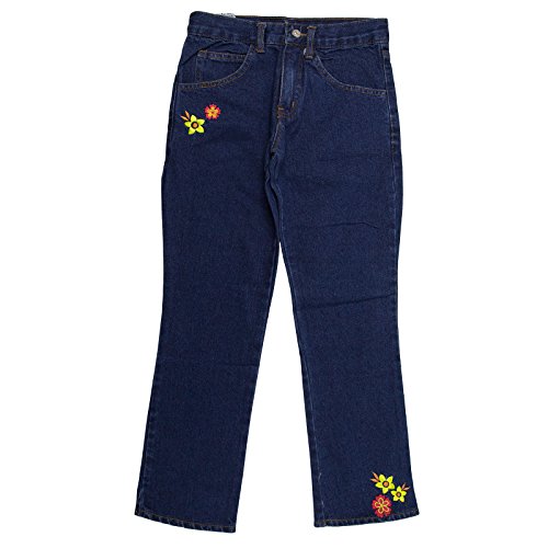 Girls Blue Jeans With Flower Embroidery Accents
