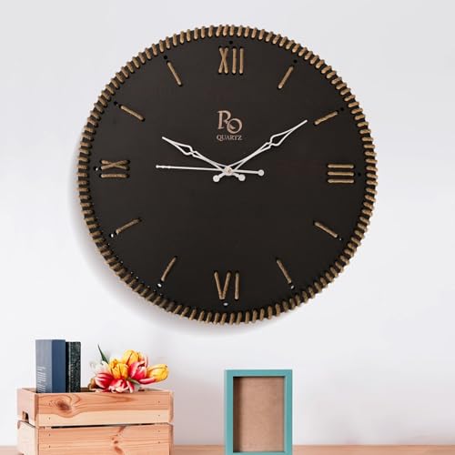Image of Wooden Round Shape Roman Dial Analog Clock with Silver Hands and Golden Jute Rope Detailing | Silent Quartz Movement Anti Reflection Wall Clock for Home and Office (Black, 15.5 Inch)