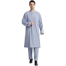 Saudi Arabic Men Tops Pants 2 Piece Set Jubba Thobe Muslim Islam Clothing Pakistan Abaya Kaftan Thoub Robe Ramadan Abayas Blue Gray,S