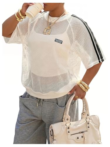 MakeMeChic Women's Plus Size Concert Outfits Fall Mesh Tops Sparkly Shirts