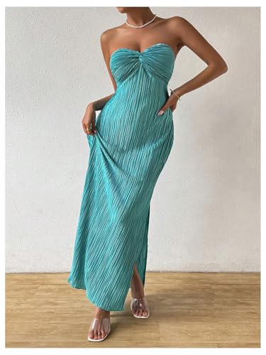 SOLY HUX Women's Twist Front Strapless Tube Dress Tie Backless High Split Vacation Maxi Dresses4