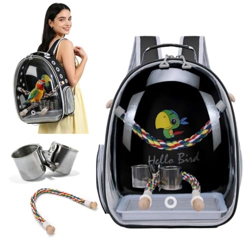 PETCUTE Bolsa de Transporte para Pájaros, Transparente, Transpirable, Mochila para Pájaros con Percha y Bandeja, Espaciosa, Ideal para Viajes en Tren, Automóvil, Restaurante o Avión (Negro)