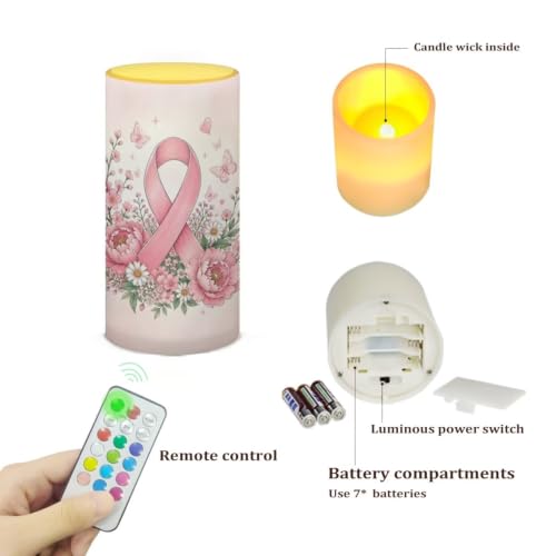 Image of Poceacles Flameless Light Candles Battery Operated Candles with Color Changing Timer Remote Control Tealights for Breast Cancer Awareness Decor, Pink Ribbon Floral Butterfly Pink