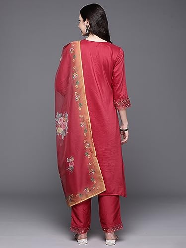 Image of INDO ERA Women's Maroon Embroidered Silk Blend Kurta with Pant & Dupatta Set