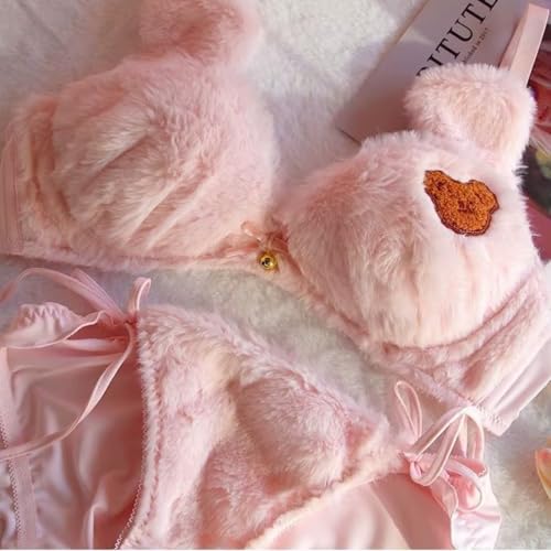 Image of Imported Fluffy Teddy Bra Panty Set for Women Cute Lingerie Soft Teddy Lingerie Cute Cartoon Design Bra Set Bridal Lingerie Set for First Night Honeymoon Date Night Anniversary Birthday