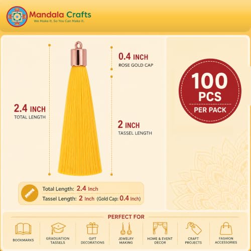 Image of Mandala Crafts Small Rose Gold Tone Cap Yellow Bookmark Tassels with Loops