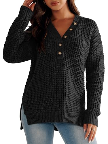 Anrabess Womens Oversized Sweater Long Sleeve Loose V Neck Button Jumper Casual Waffle Side Slit Knit Pullover 2024 Clothes Black Small cover